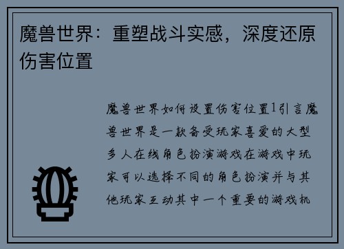 魔兽世界：重塑战斗实感，深度还原伤害位置